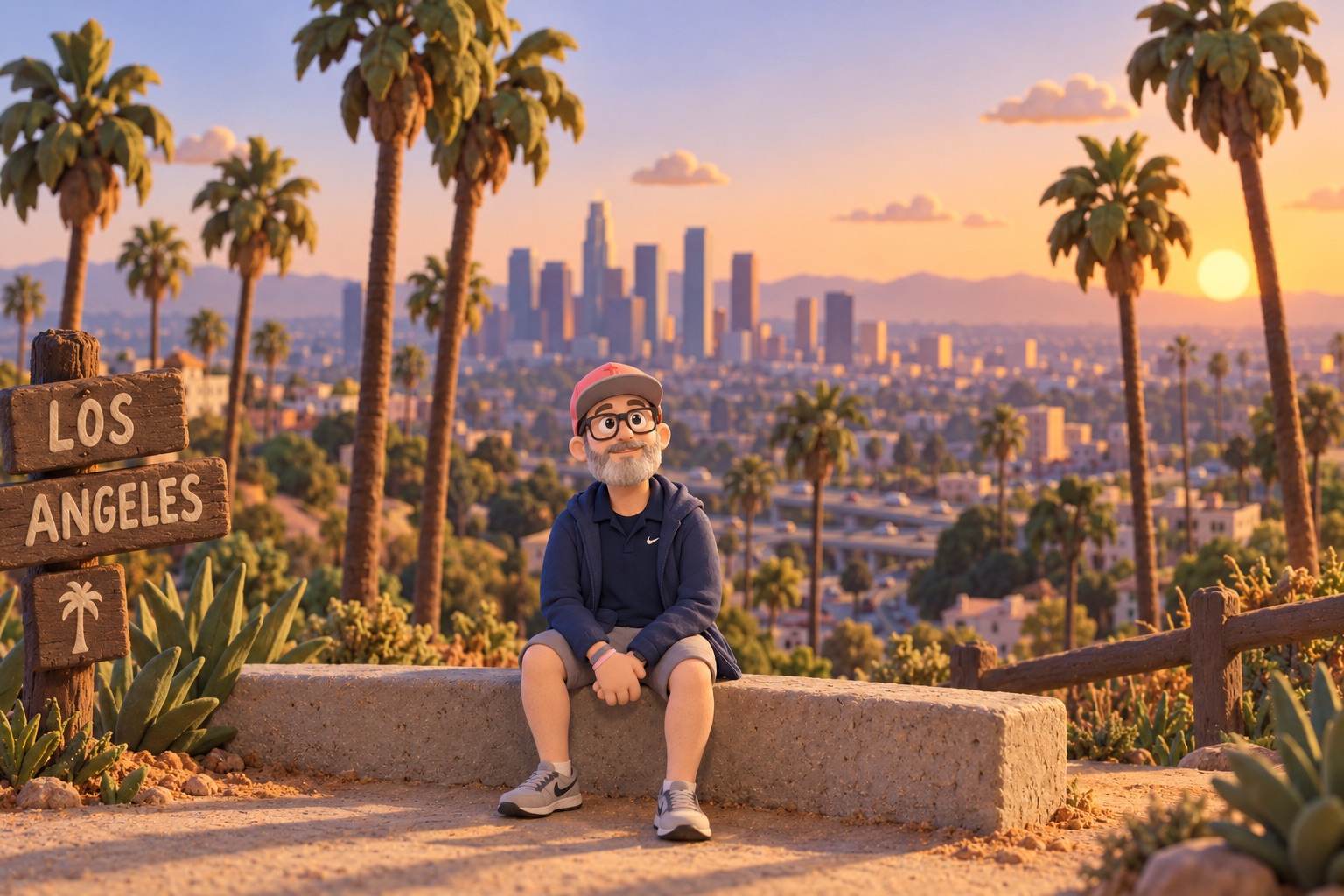 A cartoon 3D version of Stu, in a cap and glasses, sitting on a low wall above Los Angeles at sunset, with palm trees, a Los Angeles sign and the downtown skyline behind him.